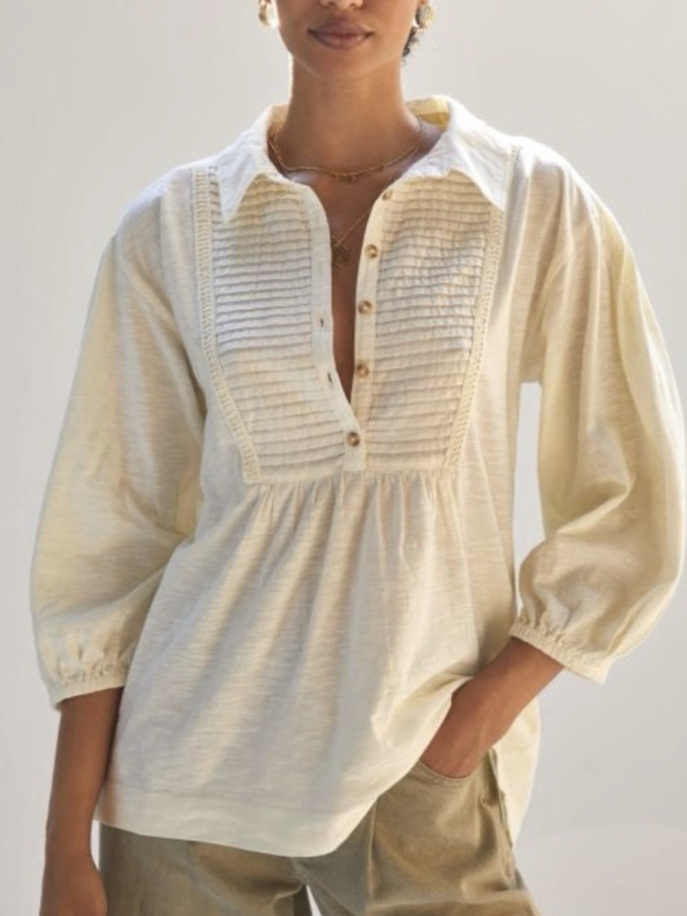 Pilcro Anthropologie Women's Pintucked Puff Sleeves Blouse 100% Cotton Size M